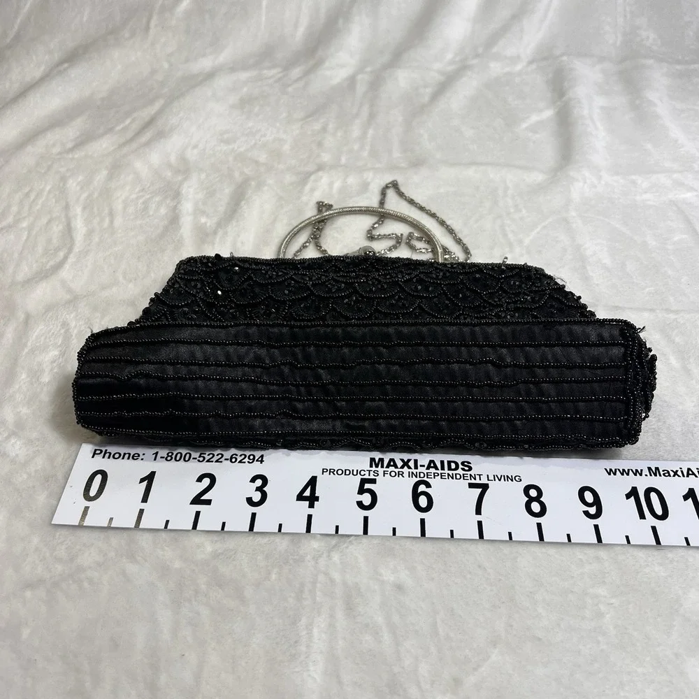 Vintage MG Collection Black Beaded Evening Bag Kisslock Chain Clutch Purse